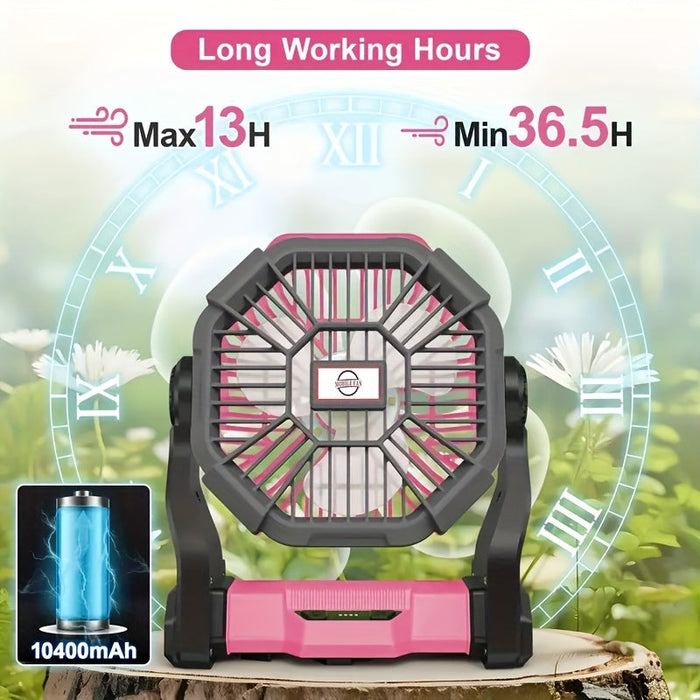 10400mAh 13hrs Rechargeable Automatic Camping Fan with LED Light