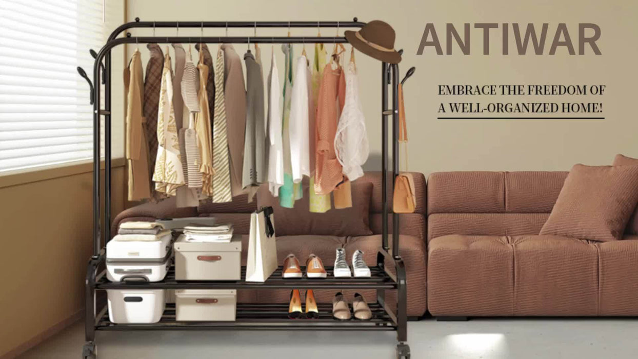 Heavy-Duty Double Rod Clothes Rack with Storage Shelves & Wheels