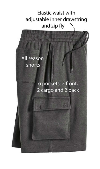 Men’s fleece cargo shorts in charcoal with multiple pockets and elastic waistband for outdoor adventure and casual wear