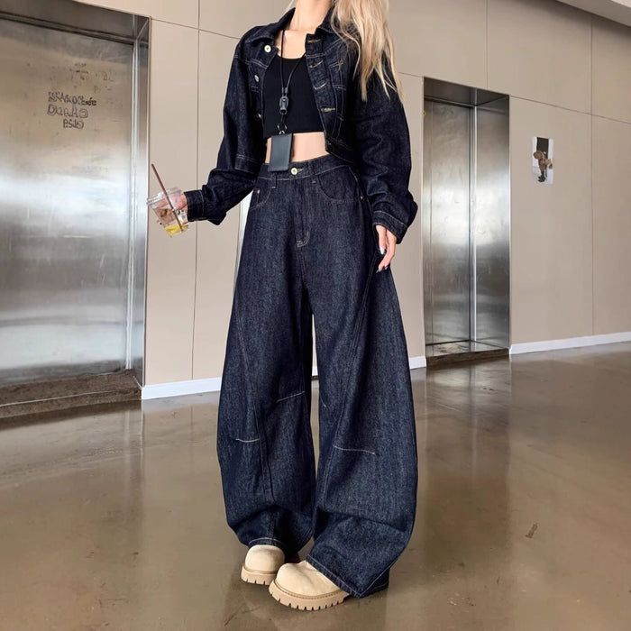 Distressed Denim Set, Cropped Jacket & Baggy Jeans, for Women
