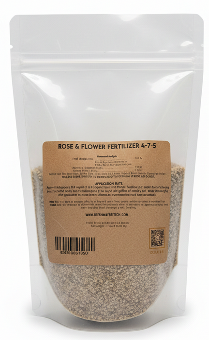 Organic Rose and Flower Fertilizer 4-7-5 bag with natural ingredients for vibrant blooms