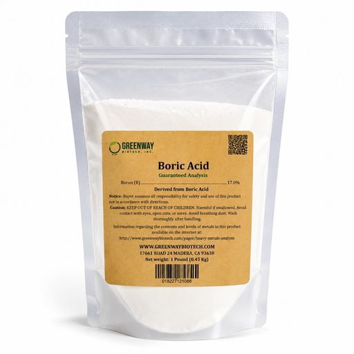 Crystal clear organic boric acid fertilizer showing 17% elemental boron for plant nutrition
