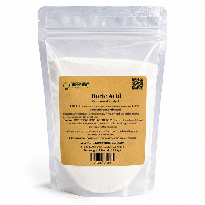 Crystal clear organic boric acid fertilizer showing 17% elemental boron for plant nutrition