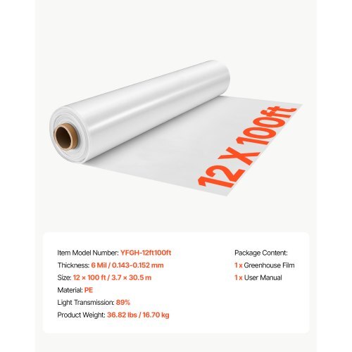 VEVOR 6 Mil Clear Greenhouse Plastic Sheeting (12 x 100 ft)