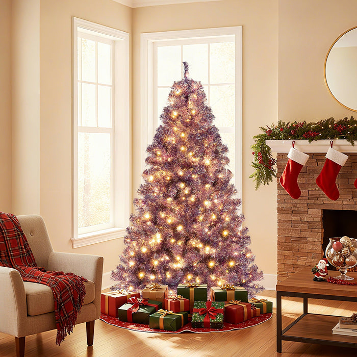 Pre-Lit Tinsel Christmas Tree with Lush Branch Tips and Warm White LED Lights