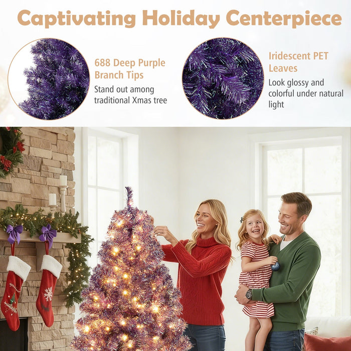 Pre-Lit Tinsel Christmas Tree with Lush Branch Tips and Warm White LED Lights