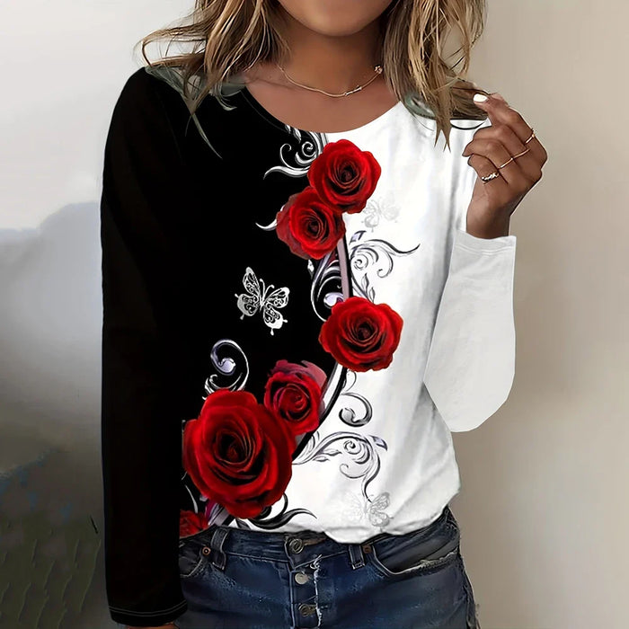 Women's Casual Floral Print O-Neck Long Sleeve Shirt