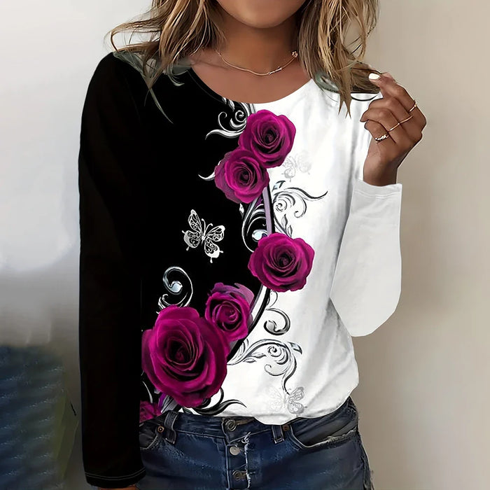Women's Casual Floral Print O-Neck Long Sleeve Shirt