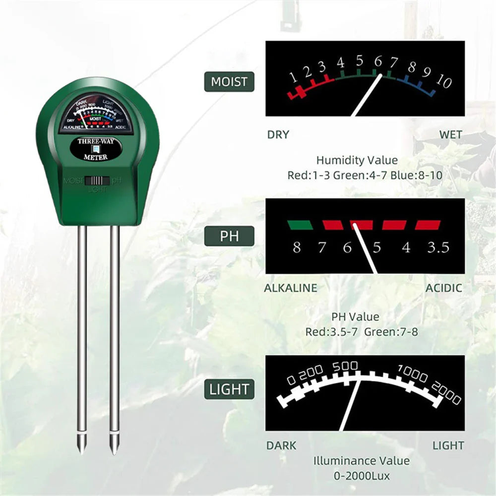3-in-1 Soil Tester Meter - Moisture pH Light Sensor for Plants, Garden, Balcony & Greenhouse