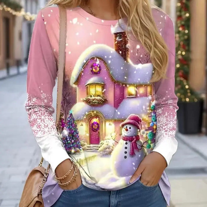Women's Designer Round Neck Long Sleeve Christmas Print Tops