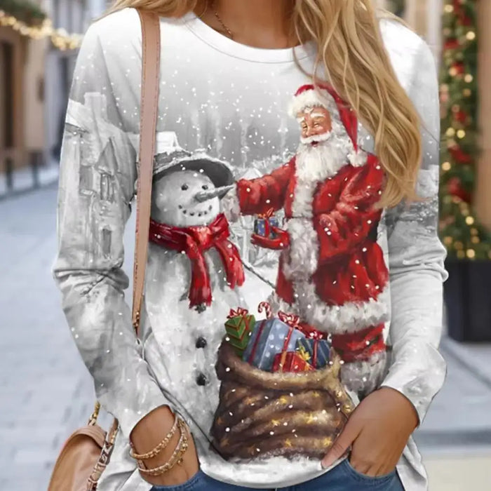 Women's Designer Round Neck Long Sleeve Christmas Print Tops