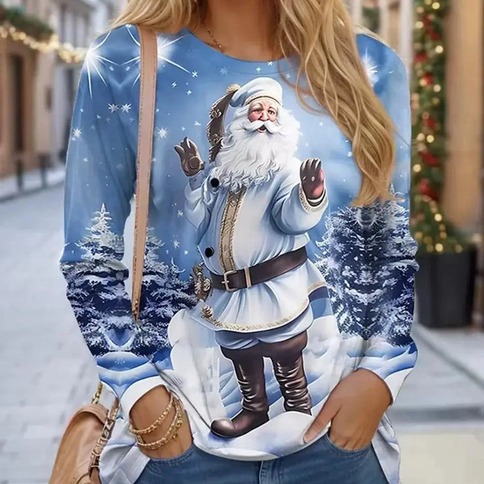 Women's Designer Round Neck Long Sleeve Christmas Print Tops
