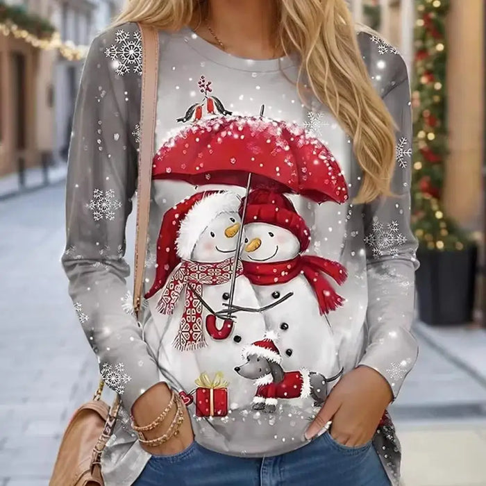 Women's Designer Round Neck Long Sleeve Christmas Print Tops