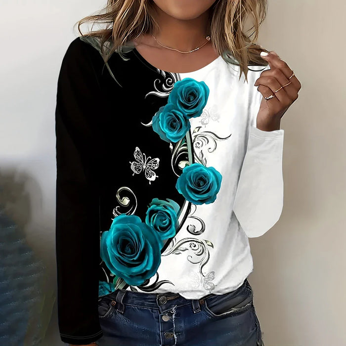 Women's Casual Floral Print O-Neck Long Sleeve Shirt