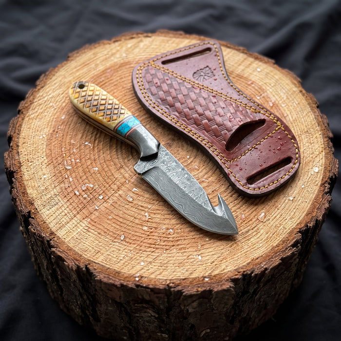 Titan "Amber Turquoise" Damascus Gut-Hook Skinner TIK-009