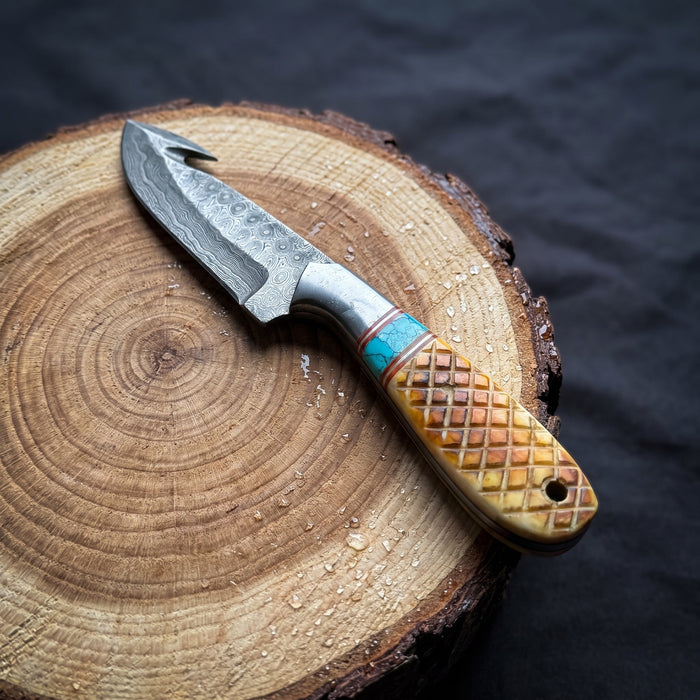 Titan "Amber Turquoise" Damascus Gut-Hook Skinner TIK-009