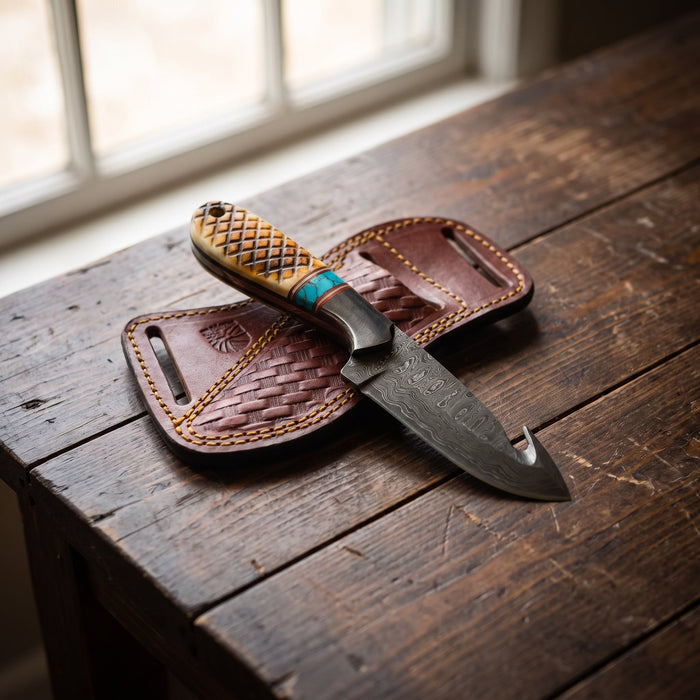 Titan "Amber Turquoise" Damascus Gut-Hook Skinner TIK-009