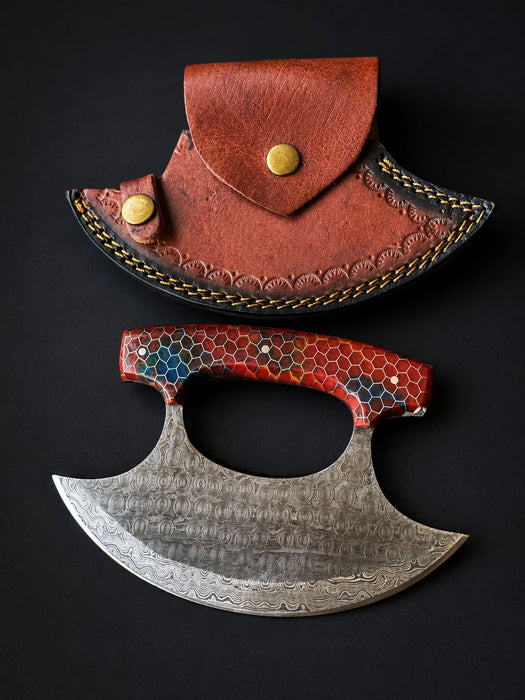 Titan "Ruby Hive" Damascus Ulu Knife-Ruby & Cobalt Honeycomb Resin Handle TK-525