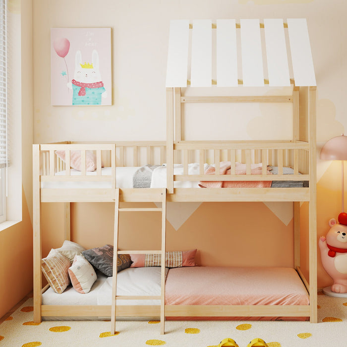 Twin Over Twin House Bunk Bed with Roof and Full-length Guardrails for Kids Teens Boys Girls
