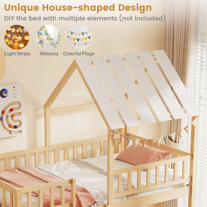 Twin Over Twin House Bunk Bed with Roof and Full-length Guardrails for Kids Teens Boys Girls