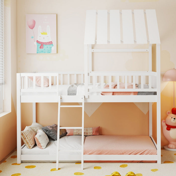 Twin Over Twin House Bunk Bed with Roof and Full-length Guardrails for Kids Teens Boys Girls