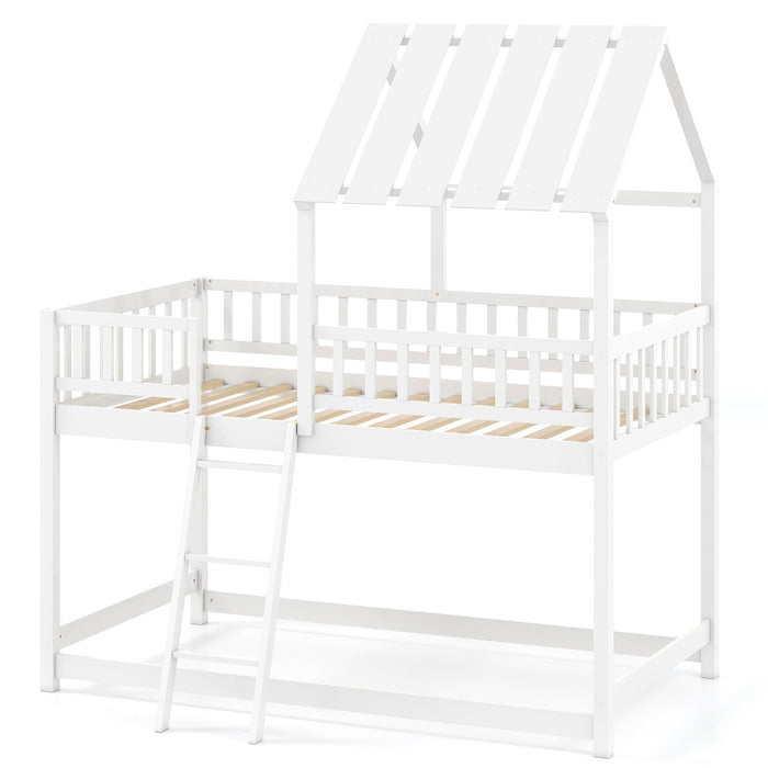 Twin Over Twin House Bunk Bed with Roof and Full-length Guardrails for Kids Teens Boys Girls