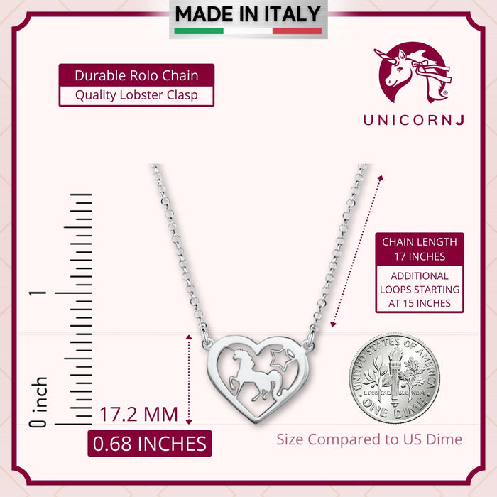 Sterling Silver Trotting Unicorn in Heart Pendant Necklace on Rolo Chain 17"