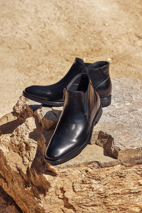 Black Genuine Leather Height-Boosting Dress Ankle Boot Zipper Side