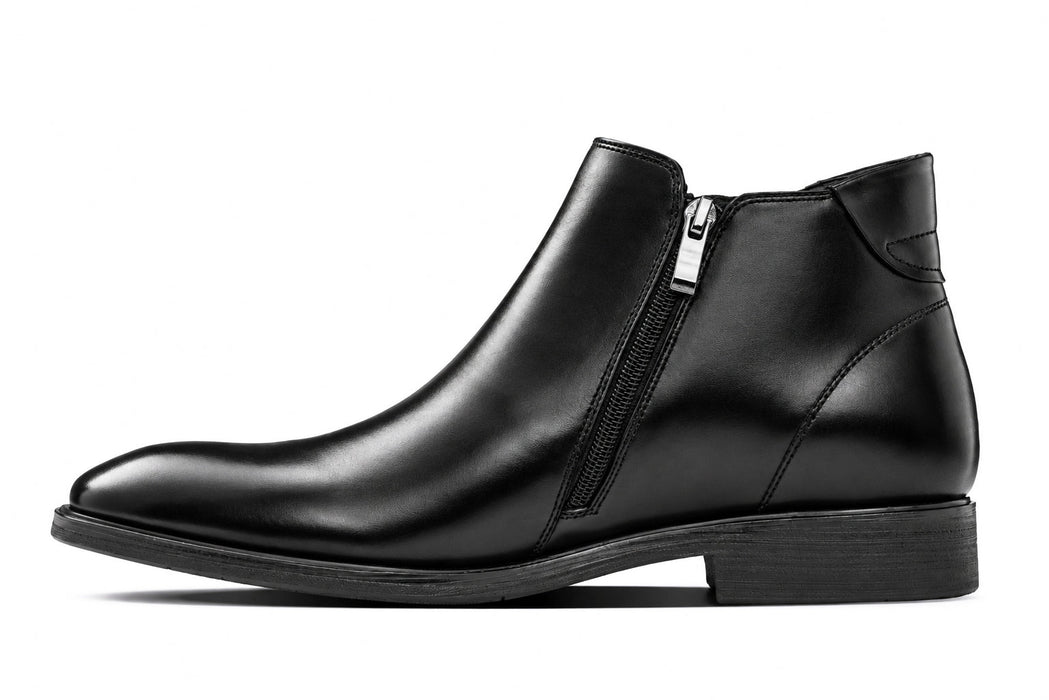 Black Genuine Leather Height-Boosting Dress Ankle Boot Zipper Side