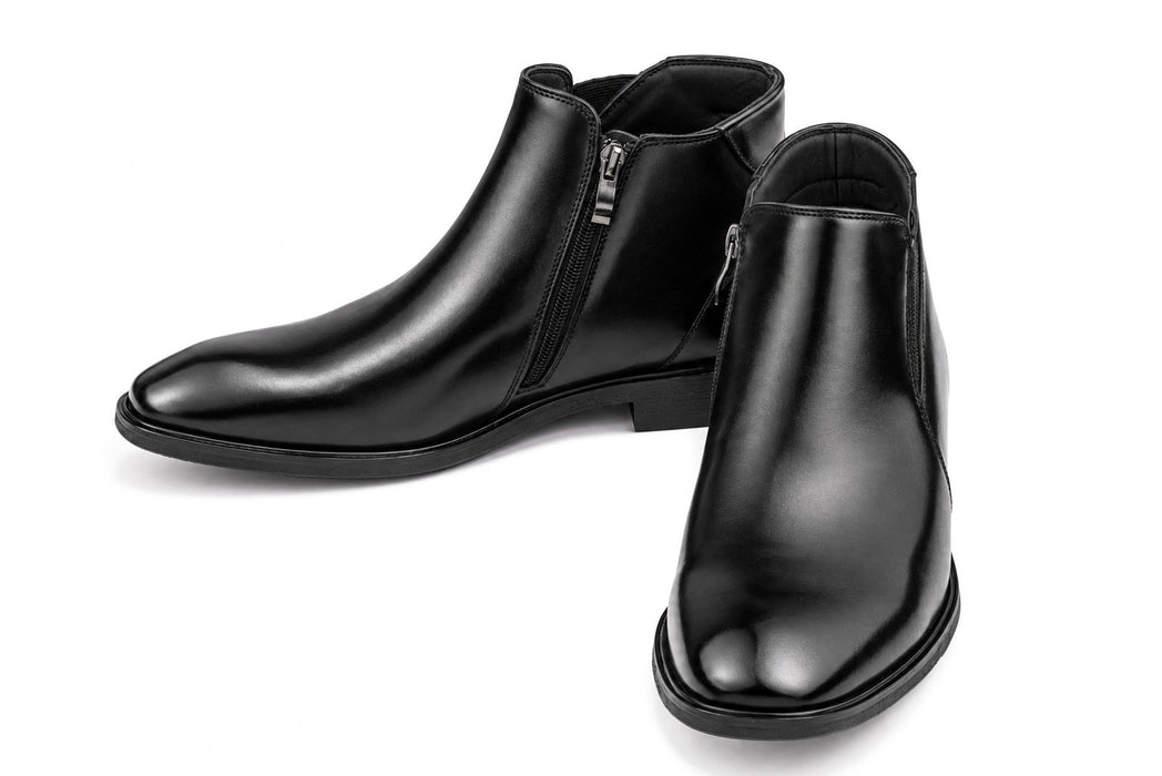 Black Genuine Leather Height-Boosting Dress Ankle Boot Zipper Side
