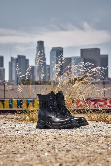 Urban Rider: Black Genuine Leather Height-Boosting Zipper Biker Boots