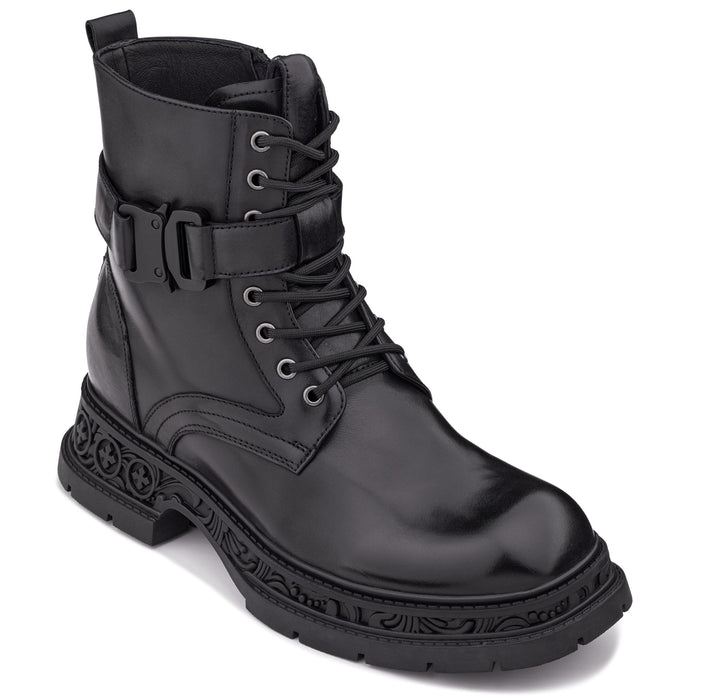 Urban Rider: Black Genuine Leather Height-Boosting Zipper Biker Boots
