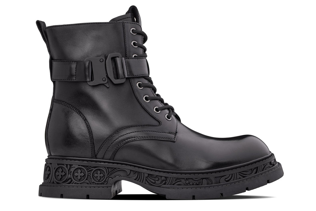 Urban Rider: Black Genuine Leather Height-Boosting Zipper Biker Boots
