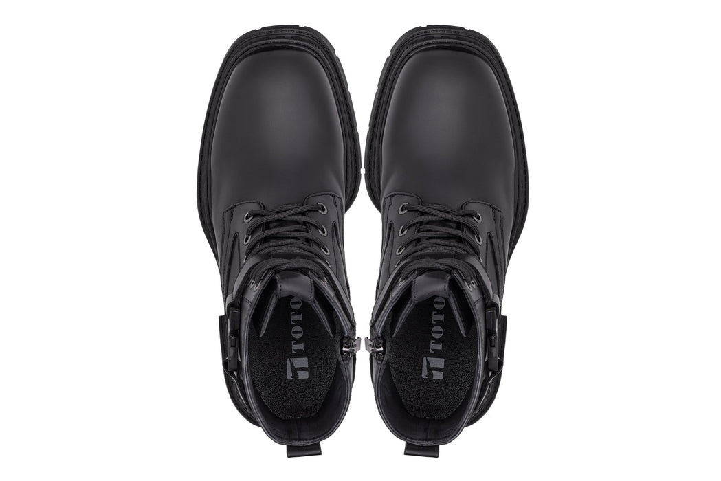 Urban Rider: Black Genuine Leather Height-Boosting Zipper Biker Boots
