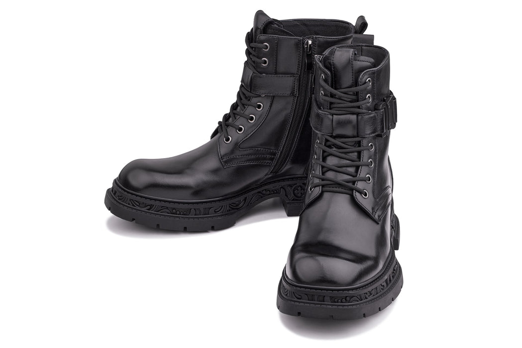 Urban Rider: Black Genuine Leather Height-Boosting Zipper Biker Boots
