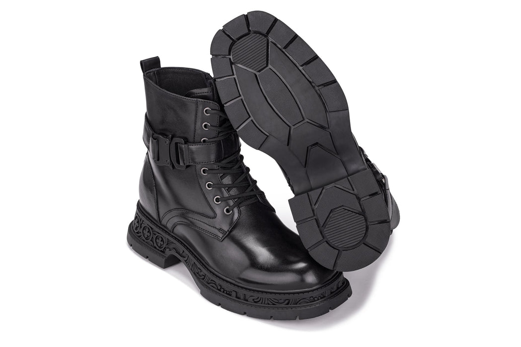 Urban Rider: Black Genuine Leather Height-Boosting Zipper Biker Boots