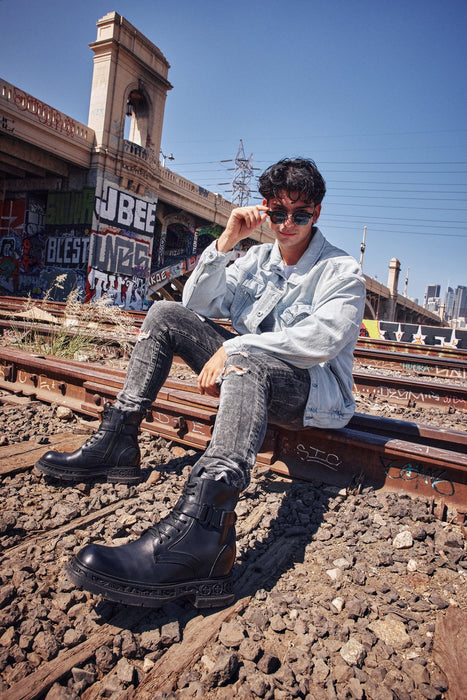 Urban Rider: Black Genuine Leather Height-Boosting Zipper Biker Boots