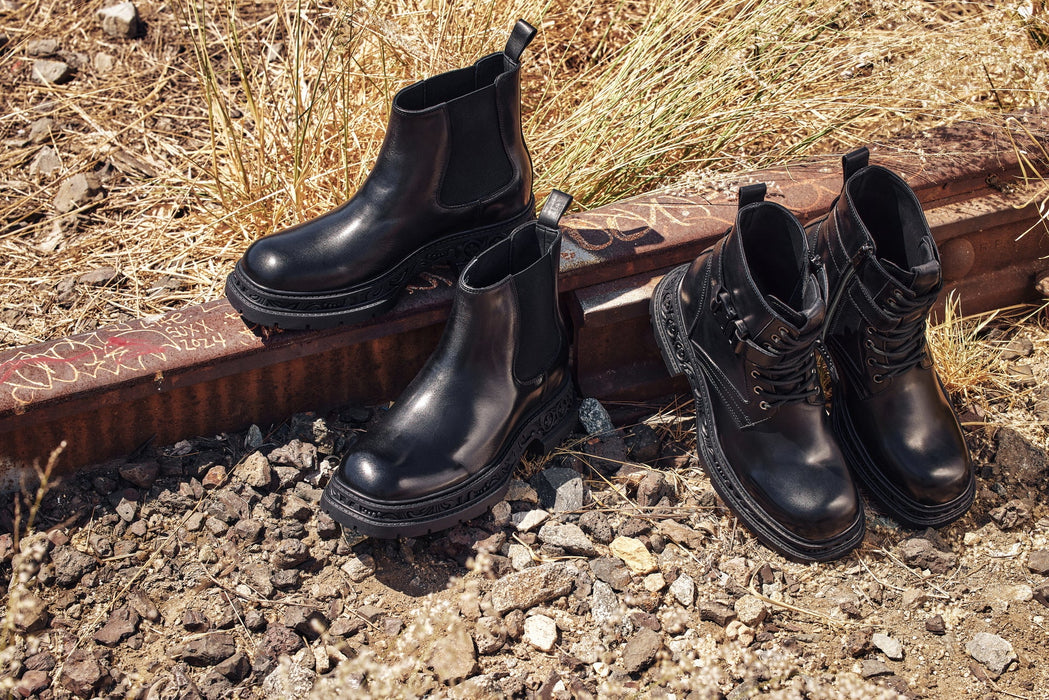 Urban Rider: Black Genuine Leather Height-Boosting Zipper Biker Boots