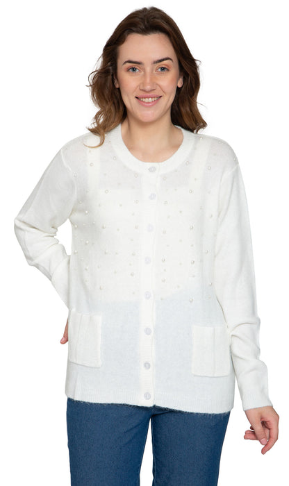 Women's Faux Pearl Button Cardigan — Cashmere-Like Soft Knit