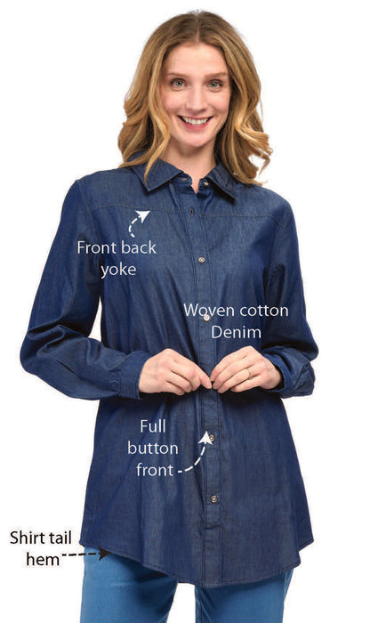 Women's Long Sleeve Denim Tunic Top — Button Front