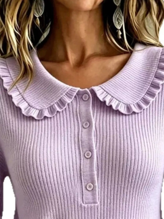 Stylish Ruffled Collar, Front Button Sweater