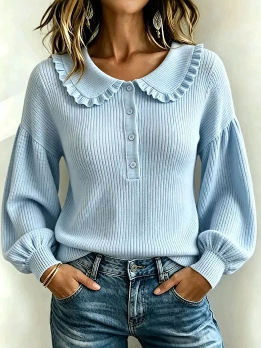 Stylish Ruffled Collar, Front Button Sweater