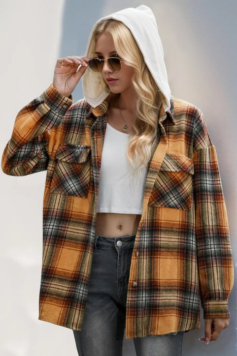 Women's Plaid Long Sleeve Hooded Shacket