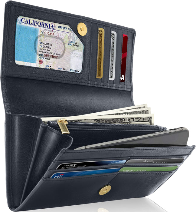 Genuine Leather Accordion Clutch – Removable Checkbook Holder, RFID Blocking