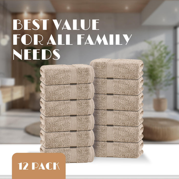 Classic Taupe Washcloths Set 12 Pack 12x12 Inch Cotton Wash Cloths