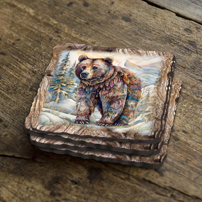 Handmade Grizzly Bear Coasters Gift Set of 4 by Nature Wonders