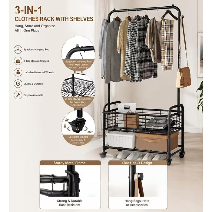 Metal Rolling Laundry Cart with Hanging Rack and Storage Shelf