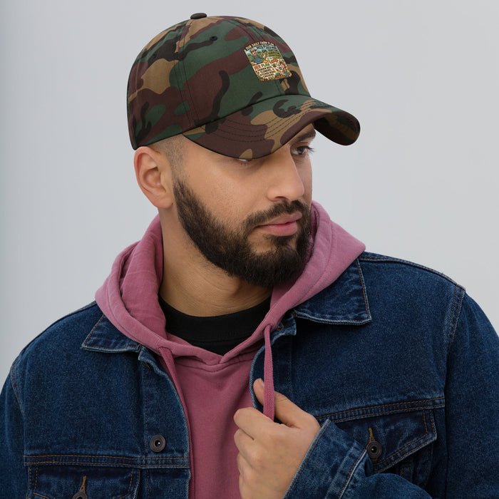 Men's comical print dad hat with adjustable strap and curved visor in low-profile design