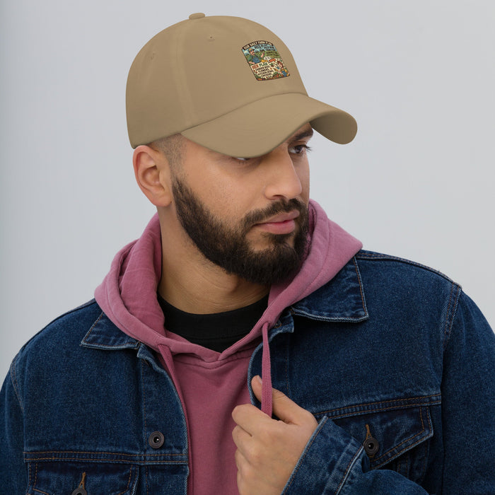 Men's comical print dad hat with adjustable strap and curved visor in low-profile design