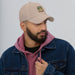 Men's comical print dad hat with adjustable strap and curved visor in low-profile design